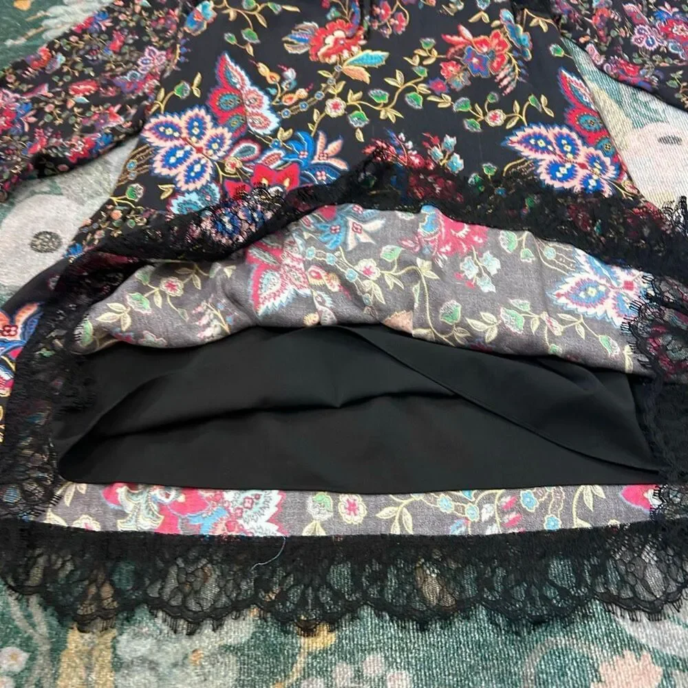 Alice + Olivia Lakita Tunic Dress Small Black Floral Long Sleeve Tiered Lace Boh - Picture 13 of 16